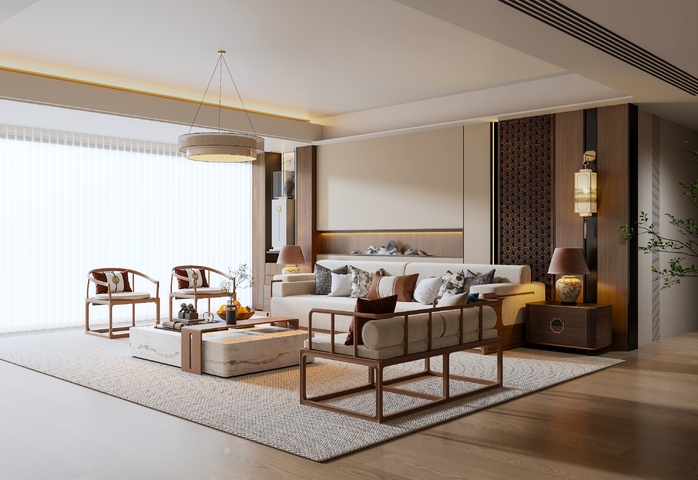 新中式客厅 新中式背景墙 新中式沙发茶几组合 壁灯3d模型下载