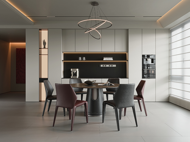 意式现代餐厅 圆形餐桌椅 六人餐桌椅 岩板餐桌 单椅 皮革餐3d