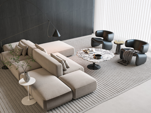 现代意式双面沙发 沙发茶几组合 双靠沙发 豆腐块沙发 沙发茶3d