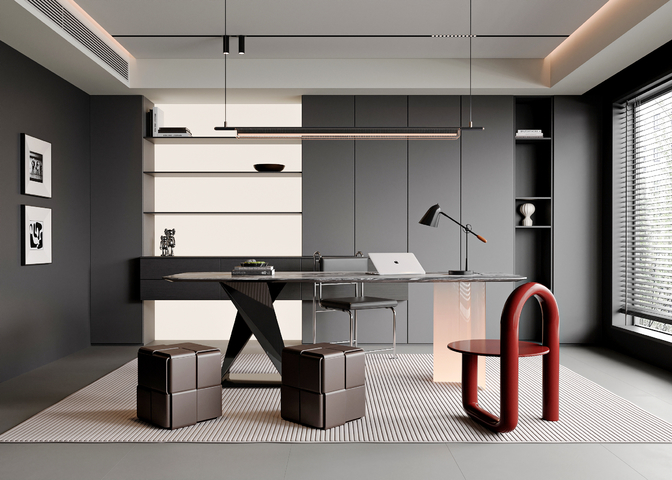 现代意式书房 书桌椅组合 单椅 书椅 吊灯 书柜3d模型下载