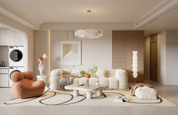 现代奶油风客厅3d模型下载