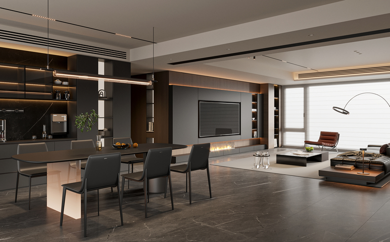 现代客餐厅 沙发茶几组合 电视柜 餐桌椅组合 餐边柜 休闲椅3d