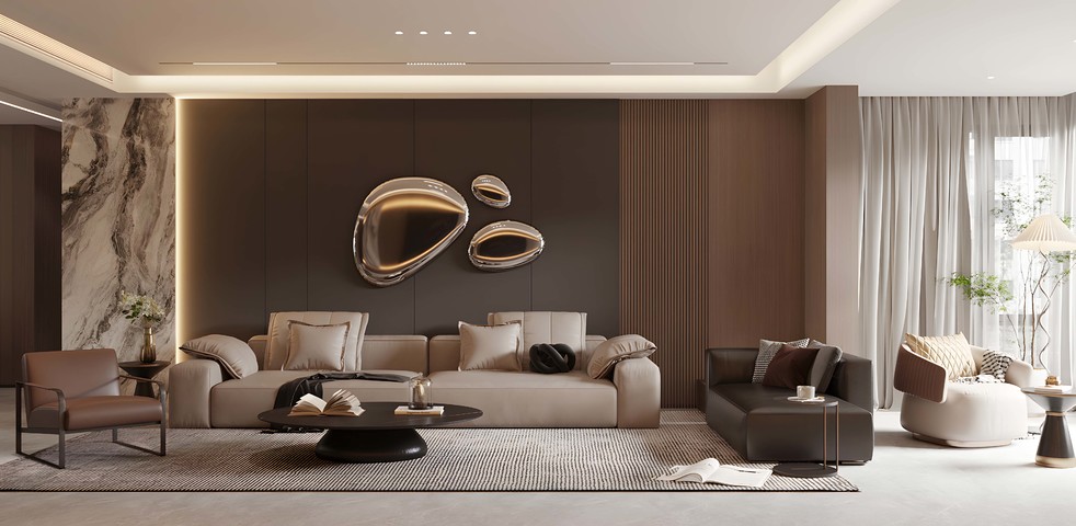 轻奢意式家居客厅 高级灰客厅 无主灯客厅 沙发茶几组合 边几3d