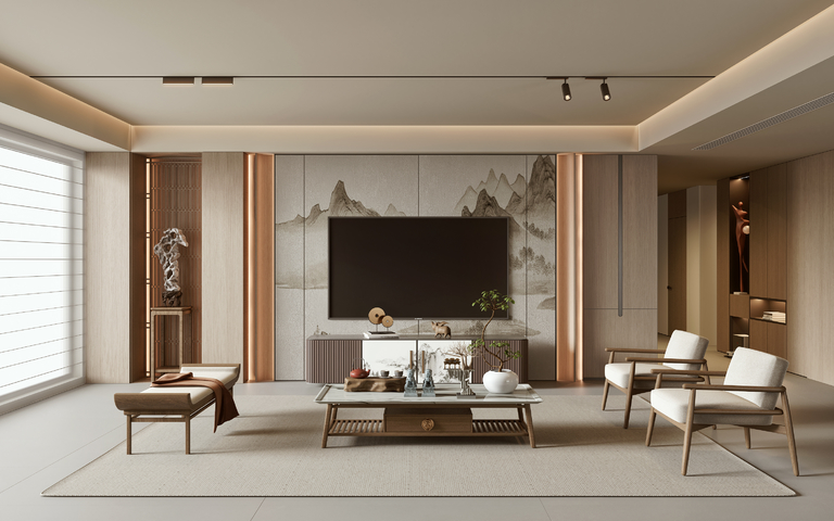 新中式客厅3d模型下载