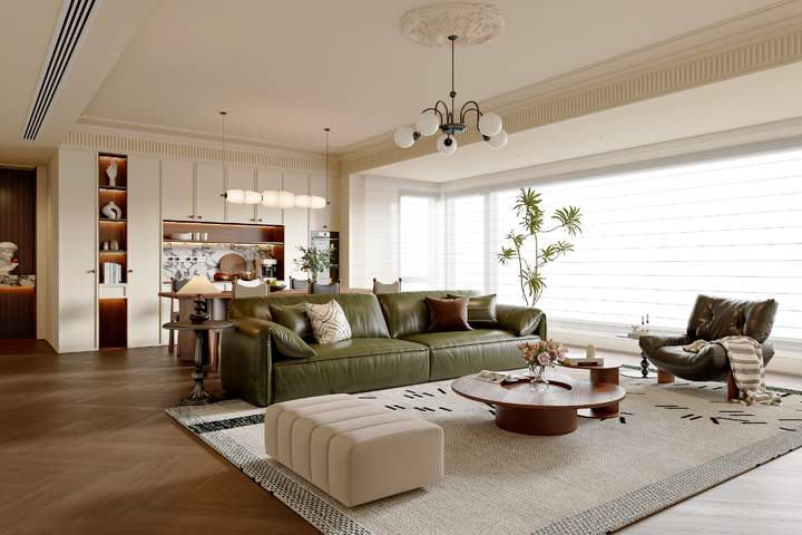 法式中古风客餐厅 沙发茶几组合 餐桌椅组合 餐边柜 吊灯3d模型