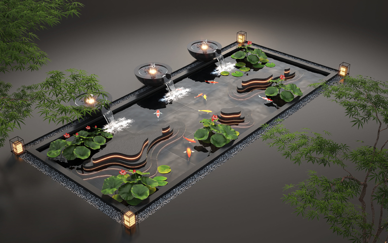 现代水景观 庭院水景 水钵叠水 跌水 鱼池鱼池3d模型下载
