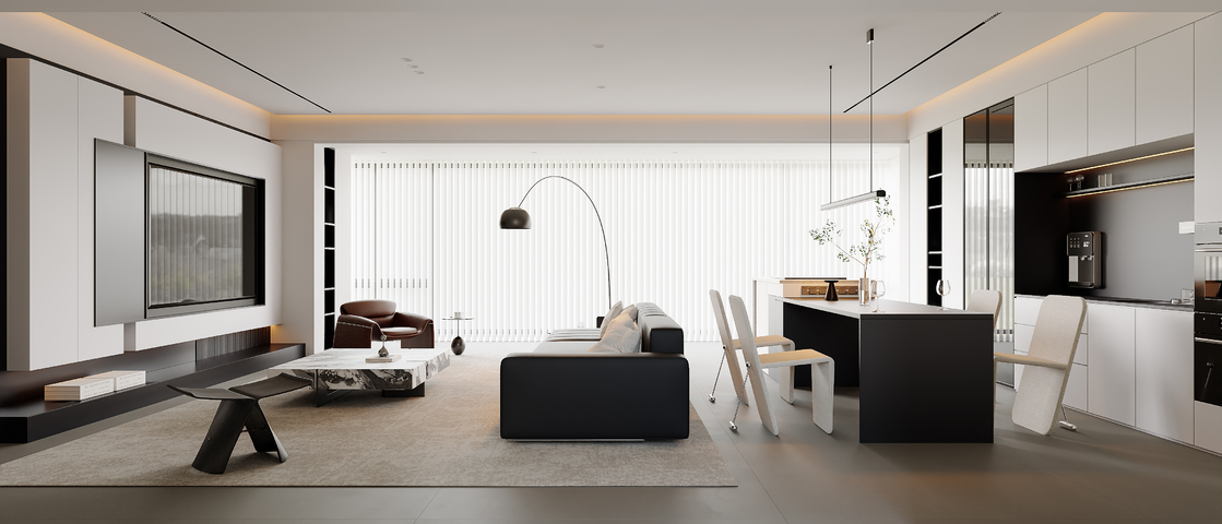 现代意式客餐厅 沙发茶几 休闲椅 餐桌椅 餐边柜 落地灯 电3d