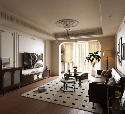 中古风客厅 中古风电视柜 中古风吊灯 复古客厅 复古落地灯3d模