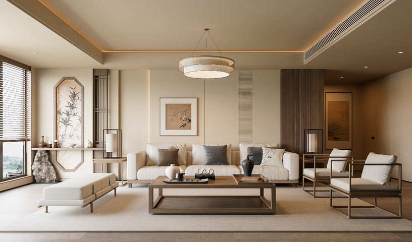 新中式宋式客厅 沙发茶几组合 休闲椅 吊灯 挂画3d模型下载