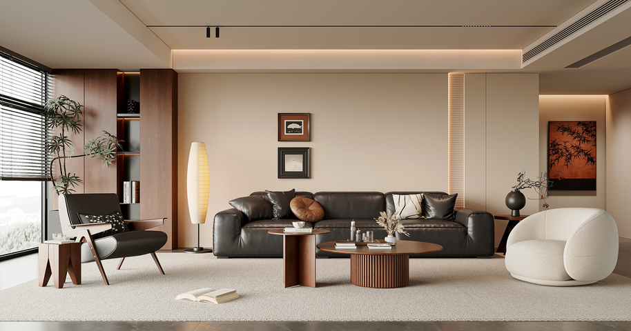 现代中古风客厅 沙发茶几组合 休闲椅 中古风落地灯 挂画组合3d