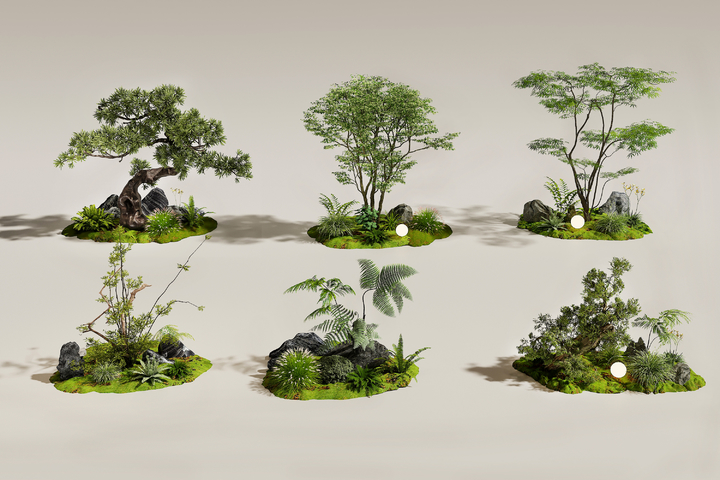 现代室内景观 景观造景 景观树 景观组合 绿植组合 庭院景观3d