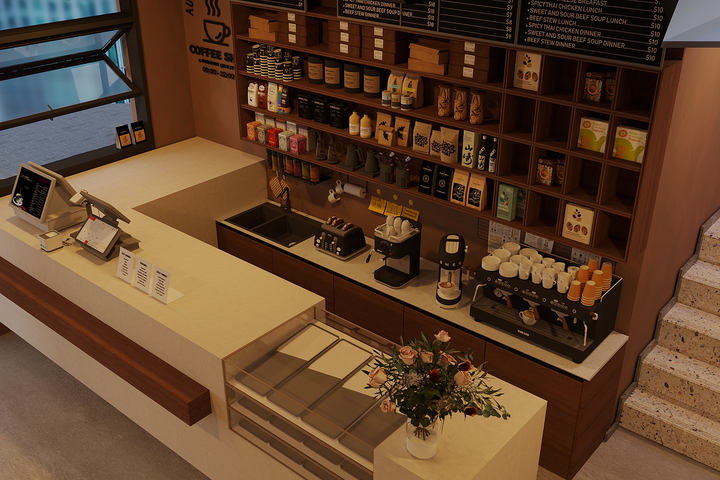 现代咖啡厅 现代咖啡厅前台 咖啡店操作台 咖啡机器组合 收银su