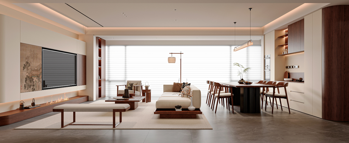 新中式宋式风客餐厅 沙发茶几组合 新中式电视柜 餐桌椅组合3d模