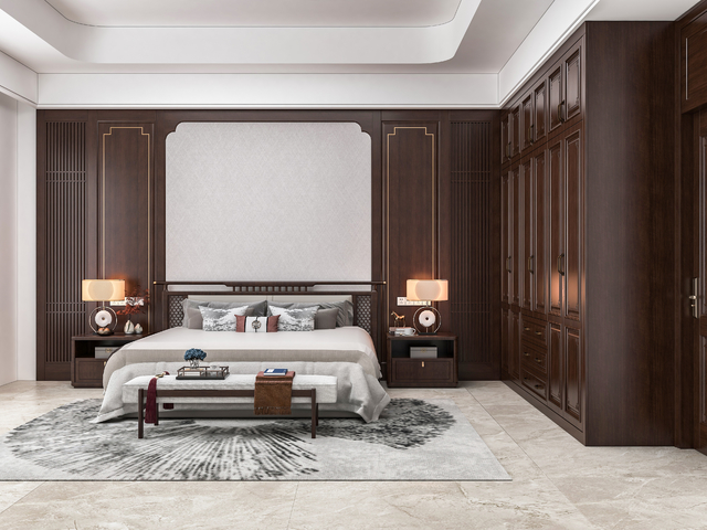 全屋定制 中式卧室 背景墙 实木衣柜 实木门3d模型下载