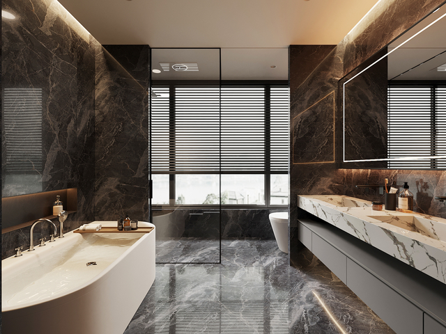 卫生间 现代轻奢复古风卫生间 浴缸 浴室 镜3d模型下载