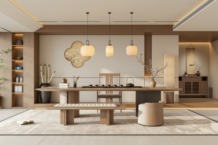 禅意新中式茶室 宋代美学背景墙 宋式会所茶室 茶桌椅组合3d模型