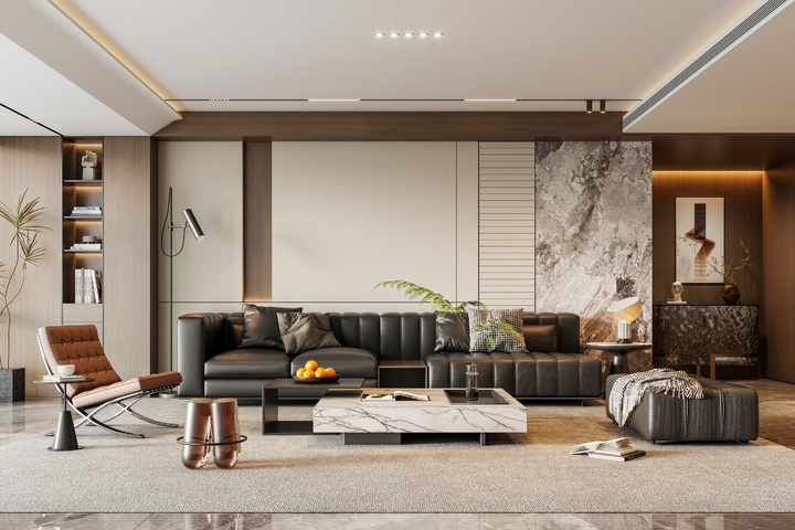 意式轻奢家居客厅 黑色皮质沙发茶几 无主灯高级灰客厅3d模型下载