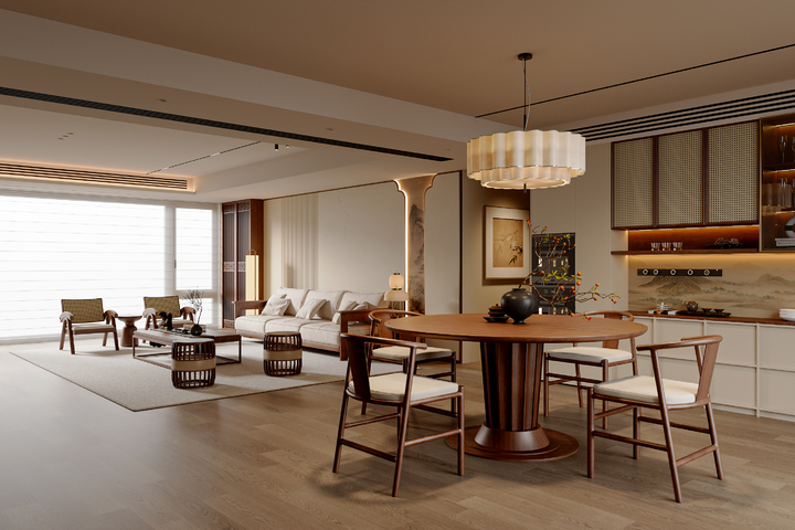 新中式宋式风客餐厅 圆桌 餐边柜 餐桌椅 沙发茶几组合 吊灯3d