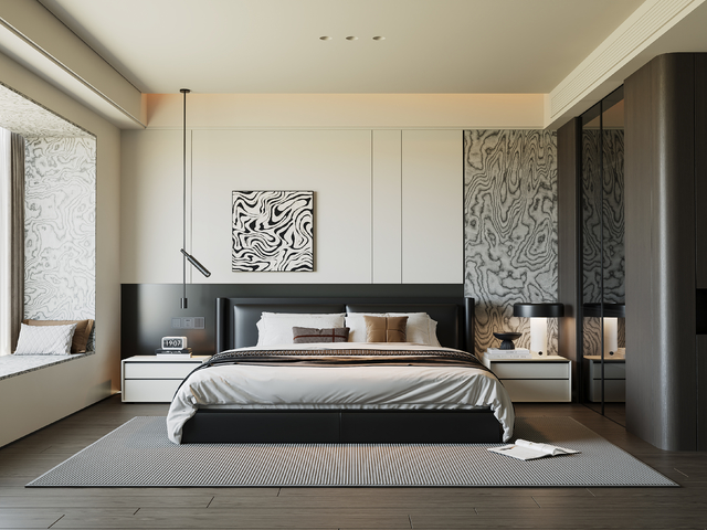 现代卧室 床 衣柜 床头柜 挂画 台灯3d模型下载