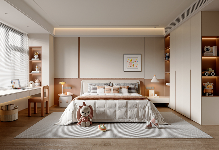 奶油风儿童房 儿童床 书桌椅 衣柜 床头柜 玩具玩偶3d模型下载