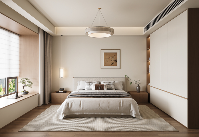 新中式宋式风卧室  宋式吊灯 宋式双人床 挂画3d模型下载