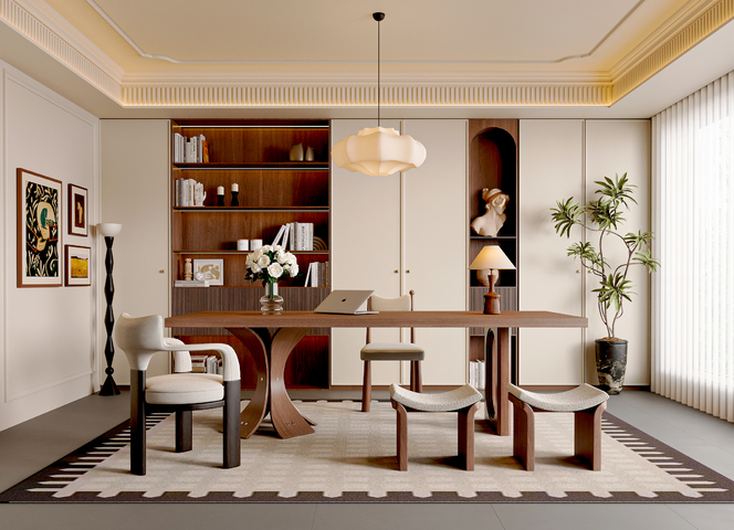 法式中古风书房 中古风书桌椅组合 吊灯 落地灯 中古风书柜3d模