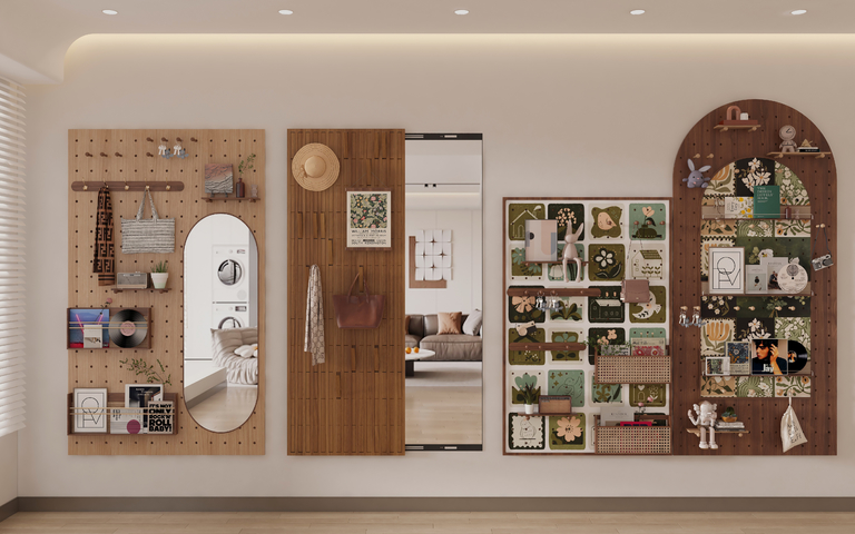 中古洞洞板挂件 上墙洞洞板置物架 玄关隐形穿衣镜 原木钢琴键3d