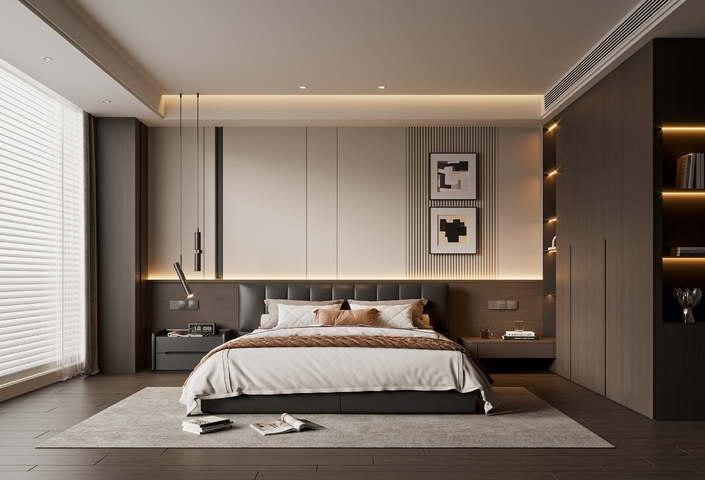 现代意式卧室 双人床 衣柜 卧室摆件 主卧 吊灯 挂画3d模型下