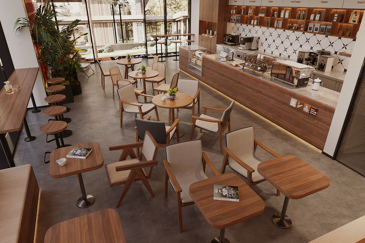 原木风咖啡厅 咖啡桌椅 咖啡店操作台 咖啡店工作台 收银前台3d