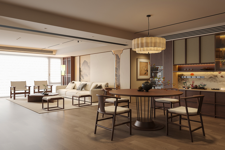 宋氏中古风客餐厅 沙发茶几组合 绿植 饰品摆件 台灯 吊灯3d模