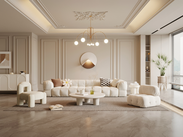 客厅 法式奶油风客厅 沙发背景墙 沙发茶几组合3d模型下载