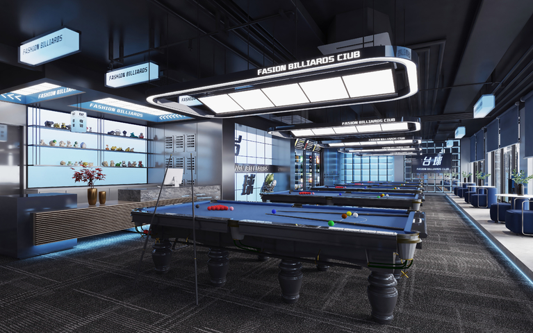 现代科技风格台球厅 台球俱乐部 风格台球室 工业loft台球3d