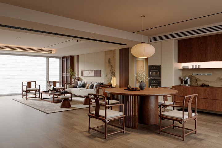 新中式中式客餐厅 沙发茶几组合 餐桌椅组合 电视柜 餐边柜3d模