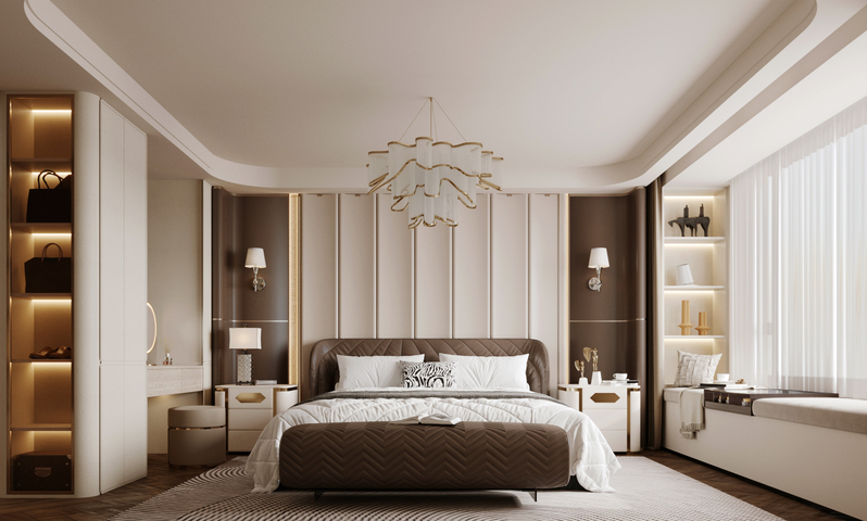 现代意式家居卧室 意式轻奢家居卧室 意式靠背双人床 无主灯3d模