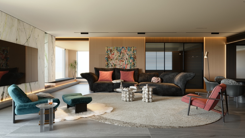 意式极简客厅 横厅 沙发组合 现代极简客厅 大平层客厅3d模型下