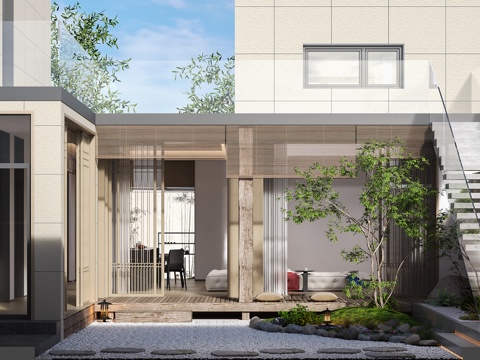  现代别墅庭院3d模型 