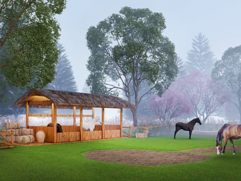  现代马场 马厩 马 logo景墙 木栏杆su模型 