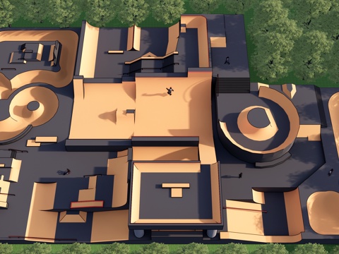  现代滑板公园 极限运动公园 滑板场地 滑板器械乐园 运动公园su模型 