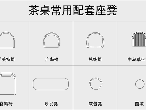  不同规格的茶桌组合cad图库 