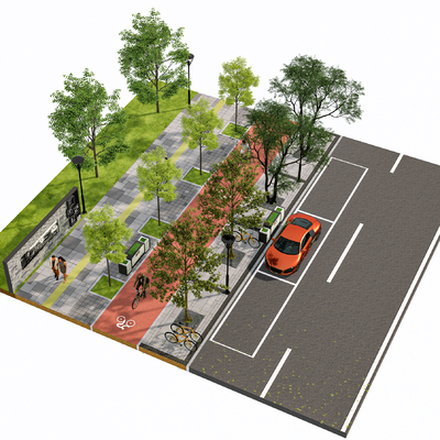  现代人行道断面 道路街景 自行车道su模型 
