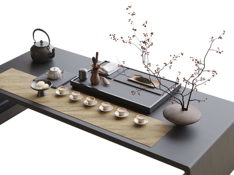 现代茶具摆件 茶杯 茶壶su模型 