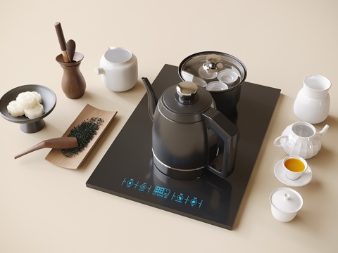  现代茶具摆件 茶壶 茶杯su模型 