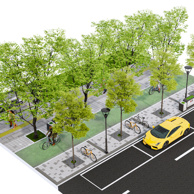  现代人行道断面 道路街景 自行车道su模型 