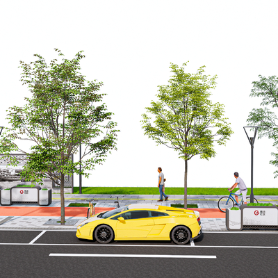 现代人行道断面 道路街景 自行车道su模型 