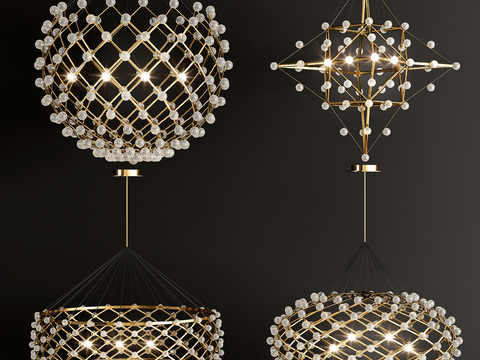  现代奢华水晶吊灯3d模型下载 金色球形灯饰 几何结构金属框架灯具 