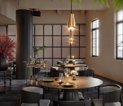  新中式中餐厅 现代西餐厅 新中式酒店餐厅 现代东南亚餐厅su模型 