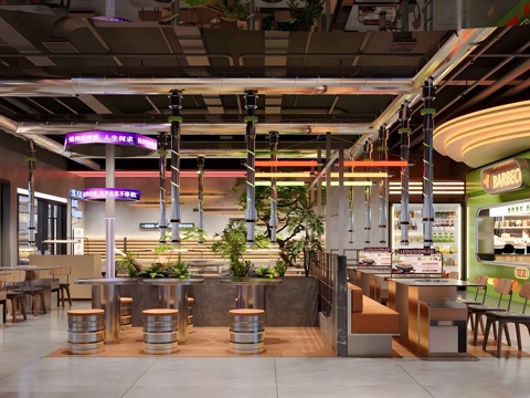  工业风火锅店 烧烤烤肉店 茶餐厅 不锈钢餐桌椅 烧烤店墙饰su模型 