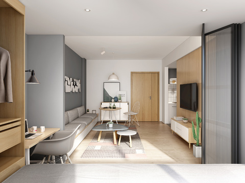  北欧单身公寓客厅3d模型 