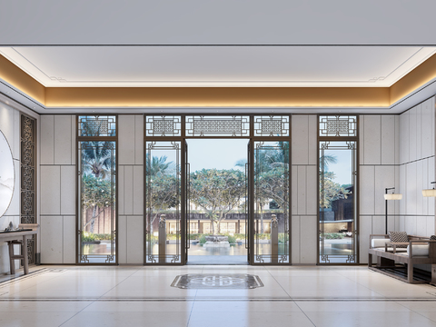  新中式会所大厅3d模型 