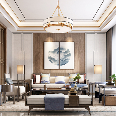  新中式别墅客厅su模型 